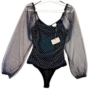 Le Lis Snap Bodysuit XS Black Sheer Polka Dots Fairy Whimsygoth Milkmaid Romance